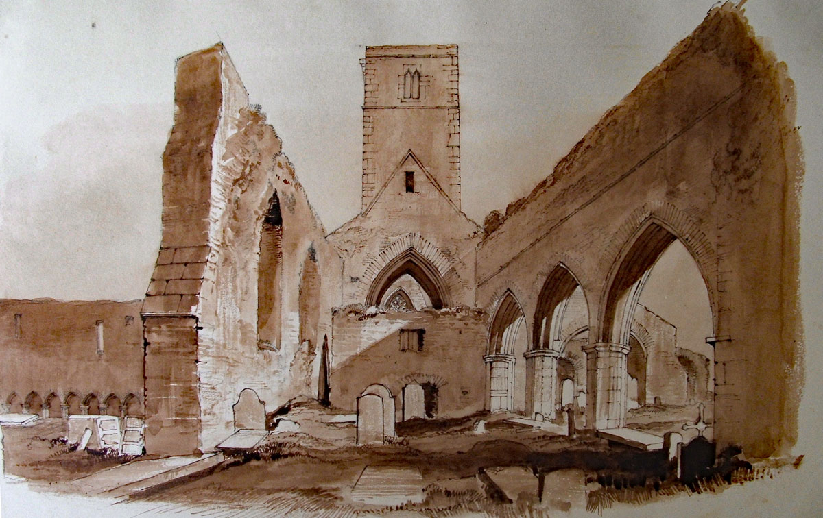 A watercolour of Sligo Abbey viewed from the destroyed west end of the building, painted by William Wakeman in 1879.