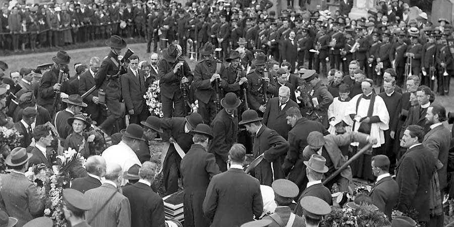Father Michael O'Flanagan, to the right of the photograph, at the funeral of O'Donovan Rossa in Glasnevin Cemetery in August 1915.