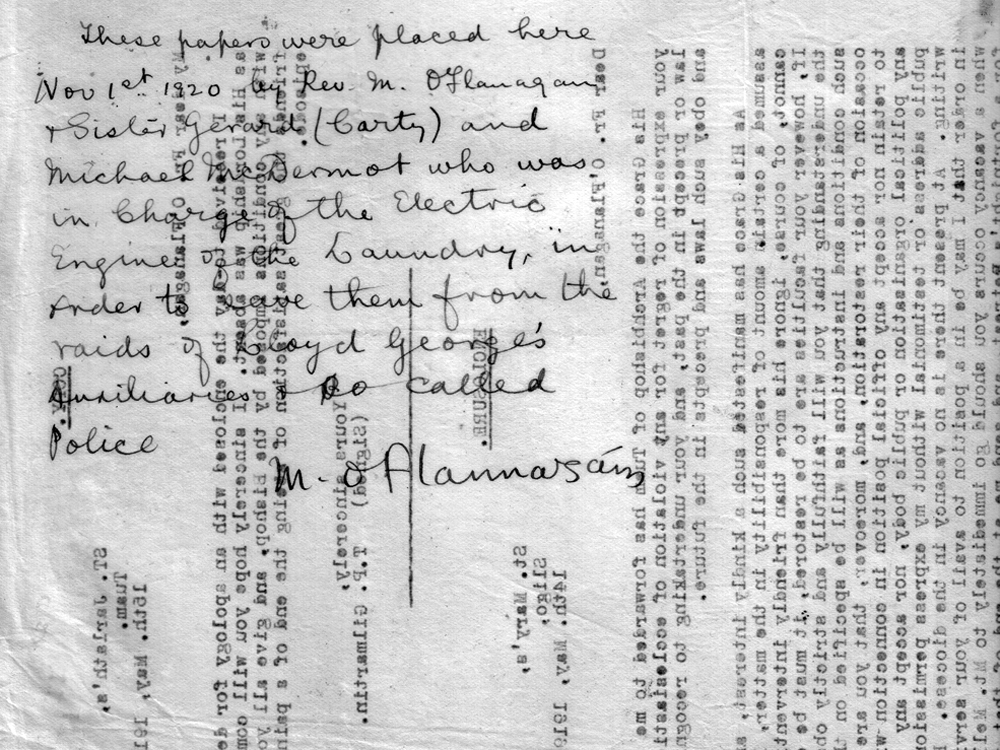 A note dated 1 November by O'Flanagan on the back of a letter from Bishop Coyne, explaining why he was hiding his papers at Loughglynn.