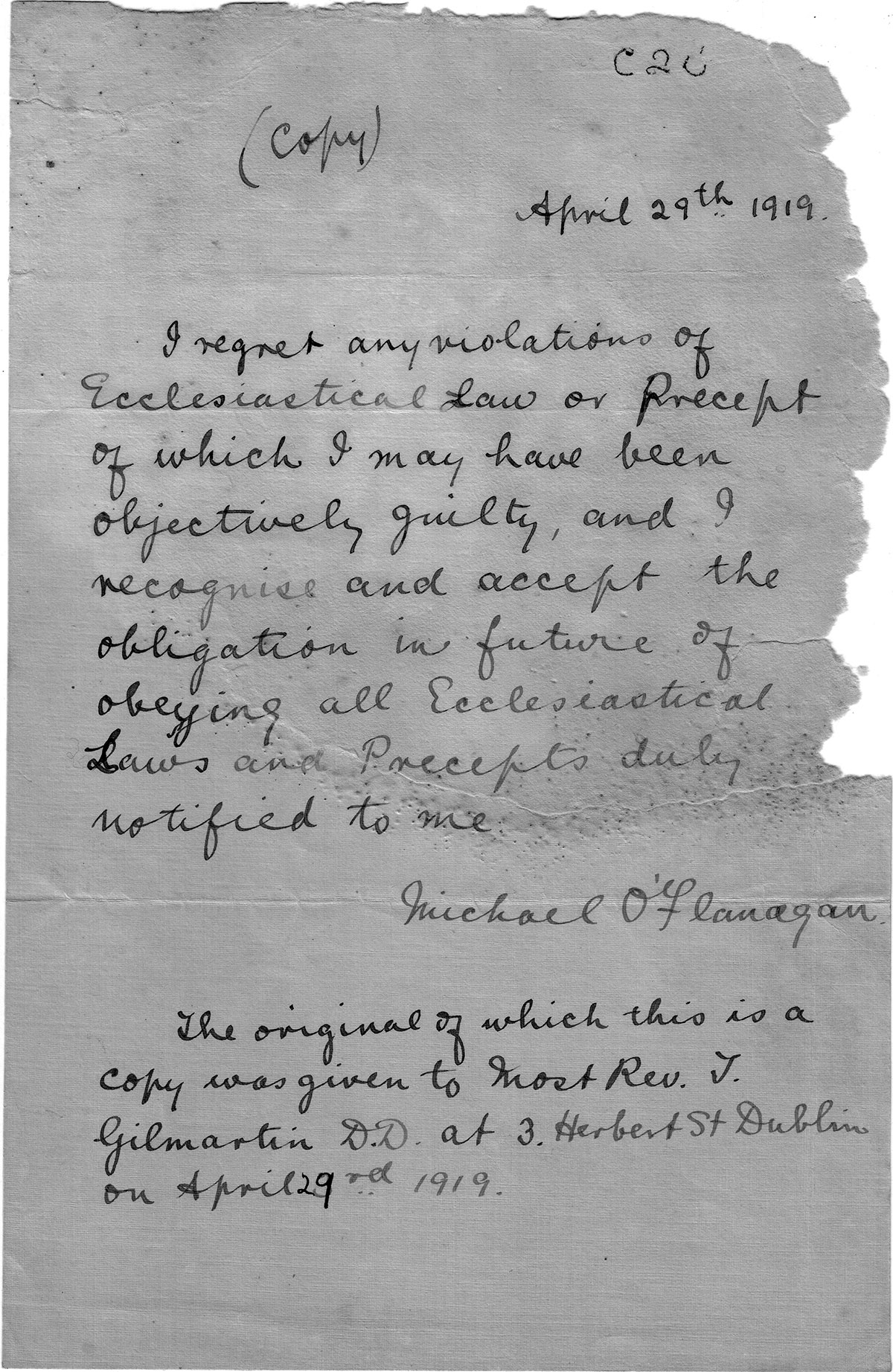Draft copy of a letter from Fr. O'Flanagan to Bishop Coyne, 29th April 1919.