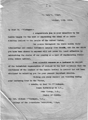 Letter from Bishop Clancy to fr. Michael, 1910.