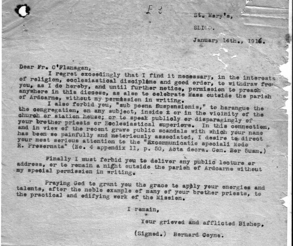 A letter from Bishop Coyne dated 14 January 1916, forbidding Fr. Michael O'Flanagan to speak at public meetings on pain of suspension.