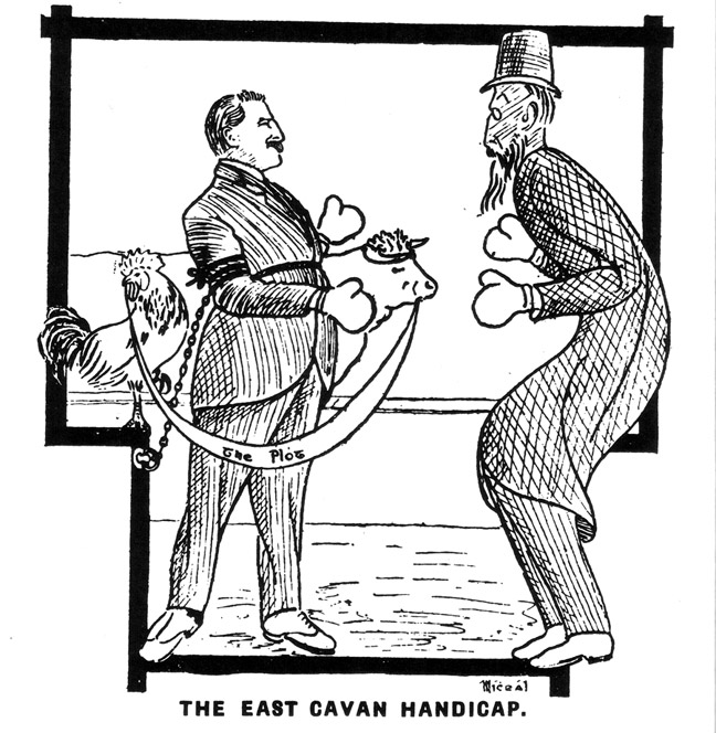 A political cartoon from 1918 showing Arthur Griffith (left) and John Dillon (right).