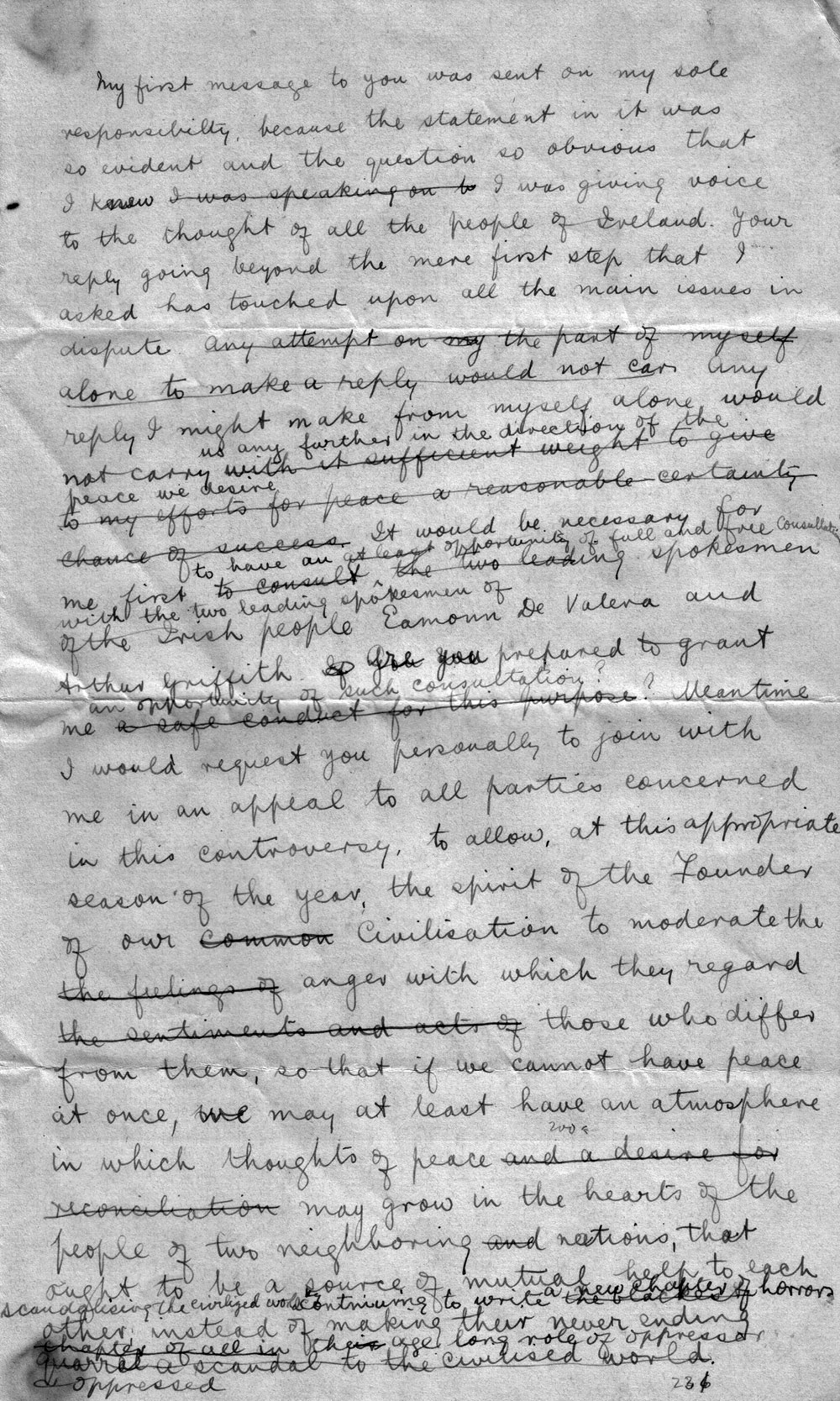 Draft of peace message to Lloyd George.