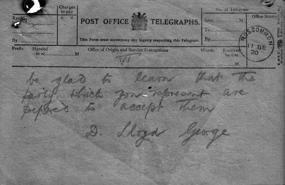 Telegram from Lloyd George, 1920.