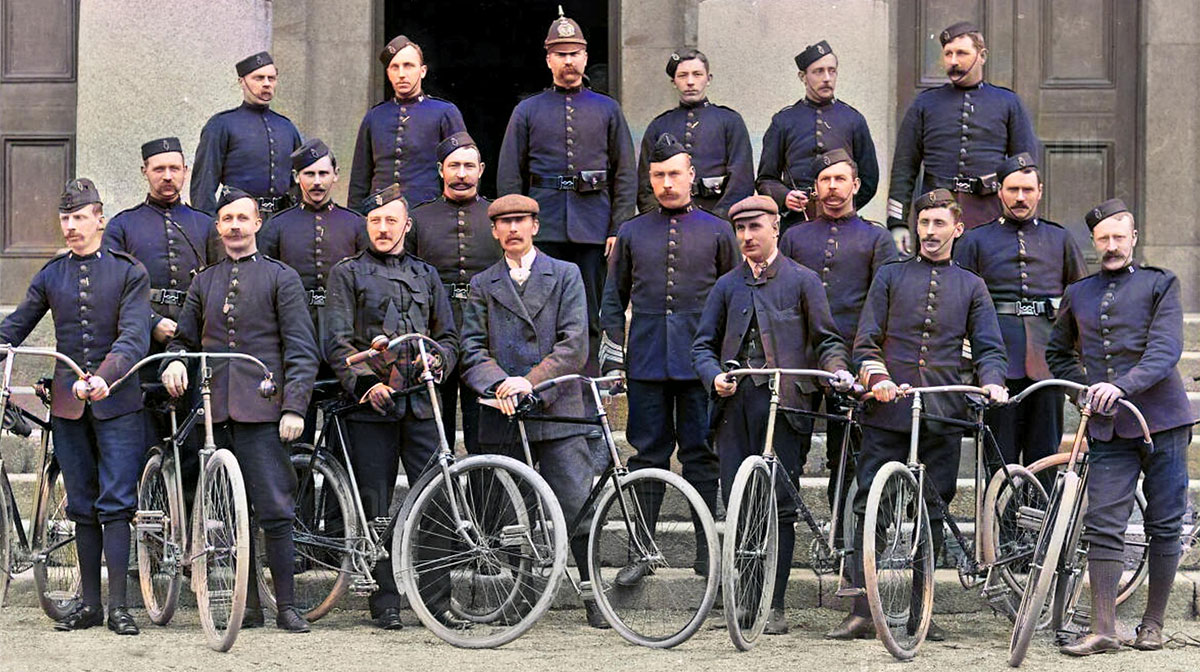 A group of RIC officers, some with their bicycles, photographed in 1893.