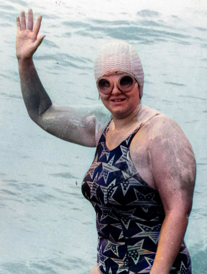 Rosemary George on a Channel swim
 wearing her Fr. O'Flanagan goggles.