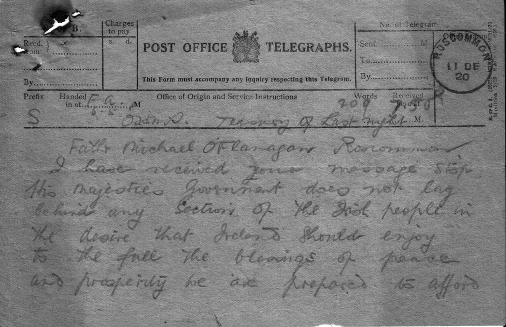 Telegram reply from Lloyd George to Fr. Michael O'Flanagan dated December 11th 1920.