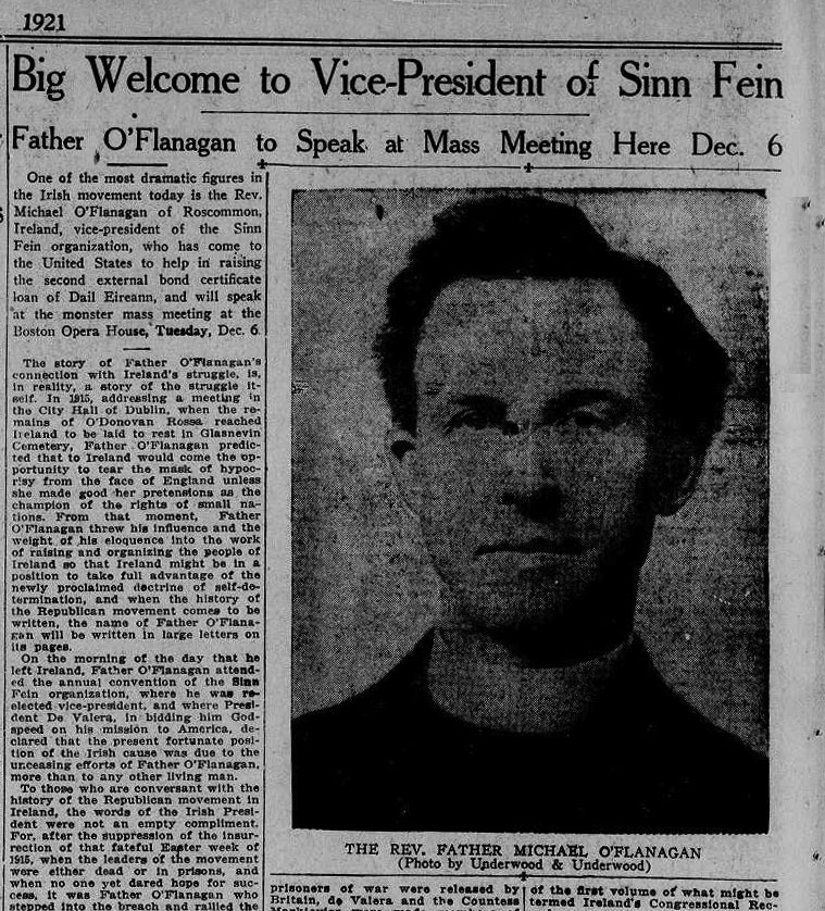 Article about Fr. O'Flanagan's mission as Republican Envoy, from the Boston Globe, December 1921.