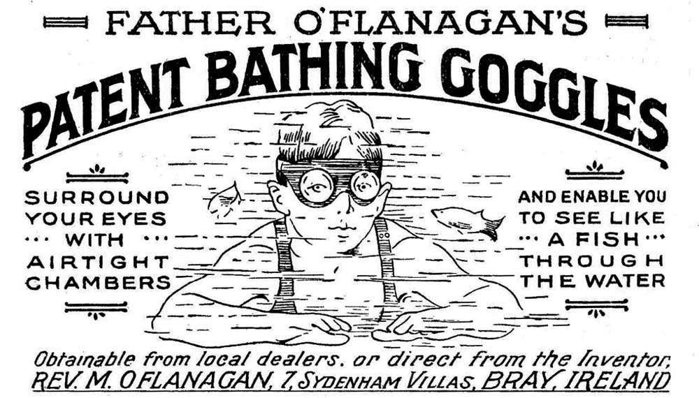 An advertsiment for Fr. O'Flanagan's swimming goggles.