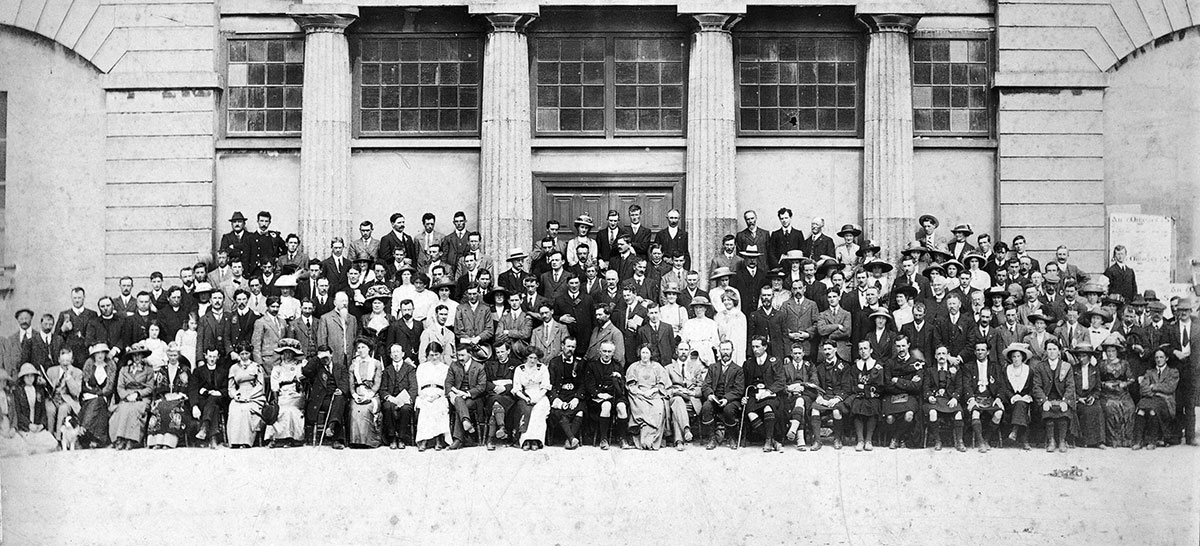 A recently discovered photograph shows O'Flanagan in a large group, many of whom were advanced nationalists at a meeting of the Gaelic League outside Galway Town Hall in August 1913.