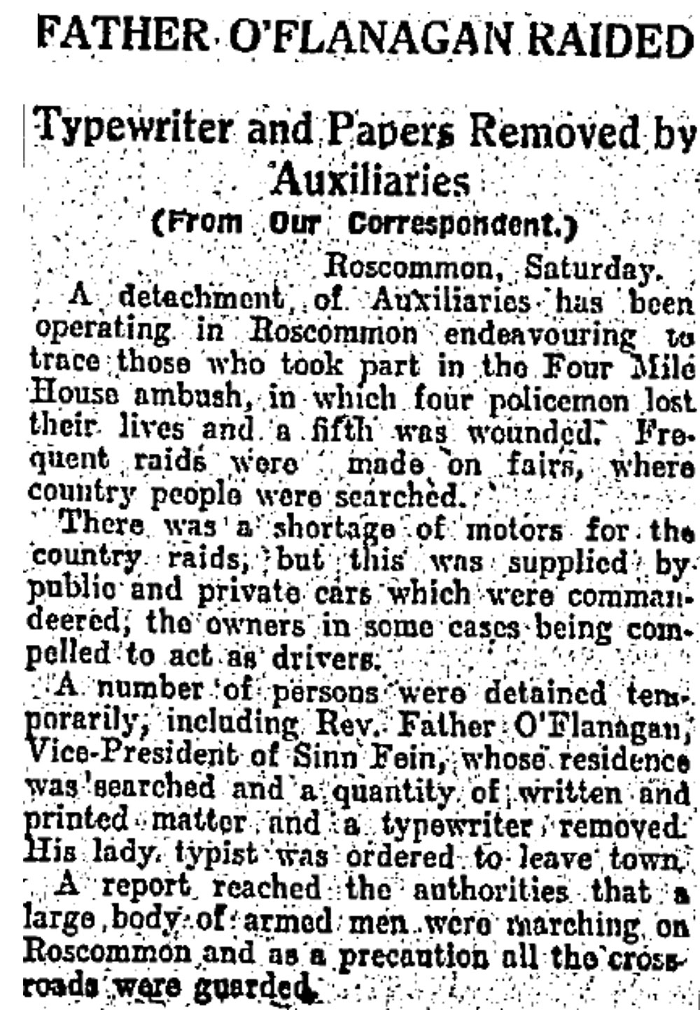 The raid on Sinn Féin Vice-president Fr. Michael O'Flanagan's rooms, October 1920.