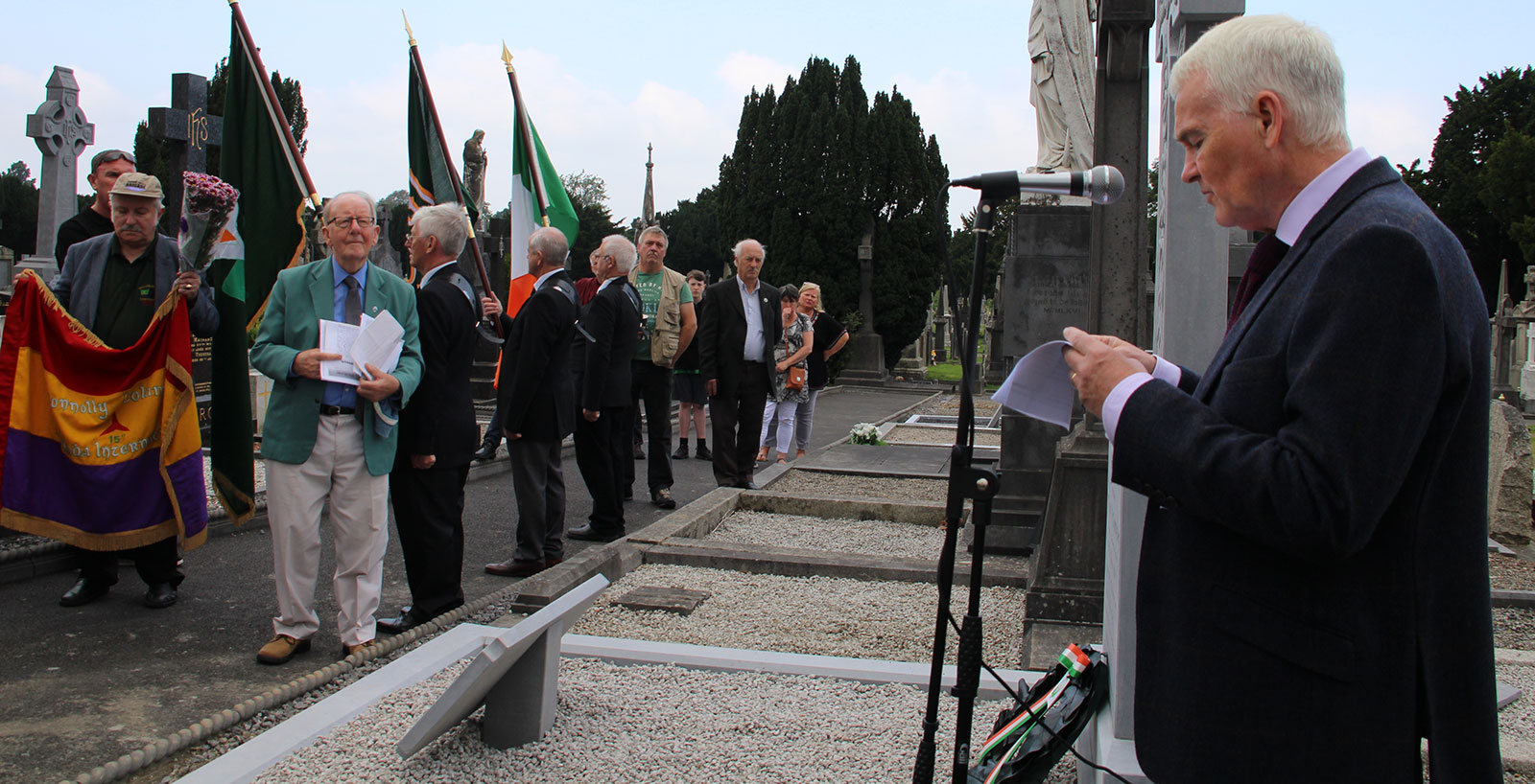 Tommy McKearney delivers an oration at the unveiling of a memorial for Fr. Michael O'Flanagan, Republican Plot, Glasnevin Cemerery, 25th August 2019.