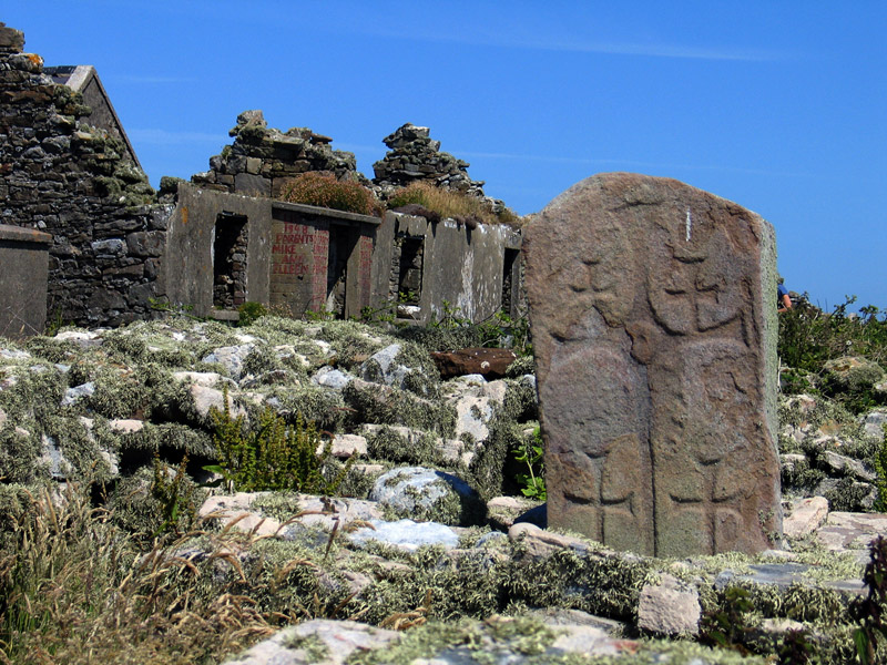 Ancient altar cross and abandoned house, Inishmurray.