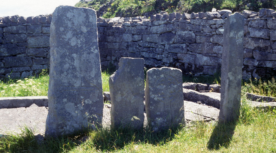 A series of engraved cross-slabs at Temple Brecan.