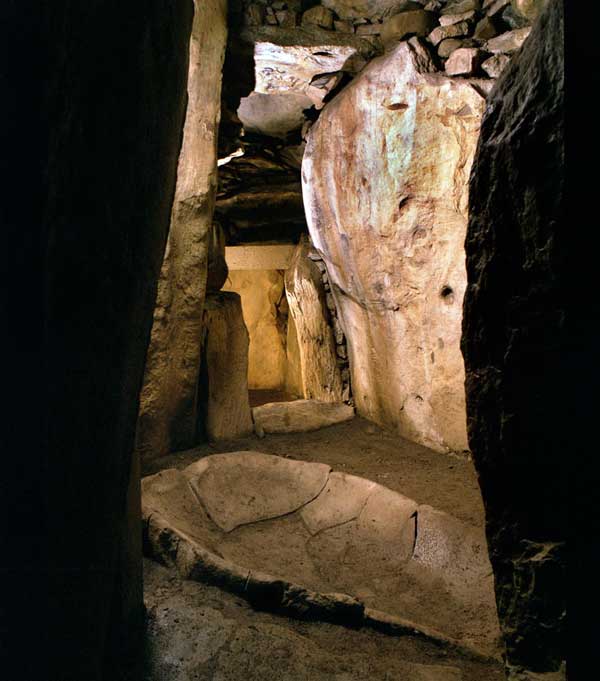 The chamber of Dowth North showing the reconstructed stone basin mentioned in the text.