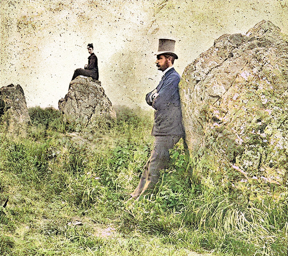 Victorian visitors to Newgrange shown posing at the Great Circle in this early photograph which I have coloured.