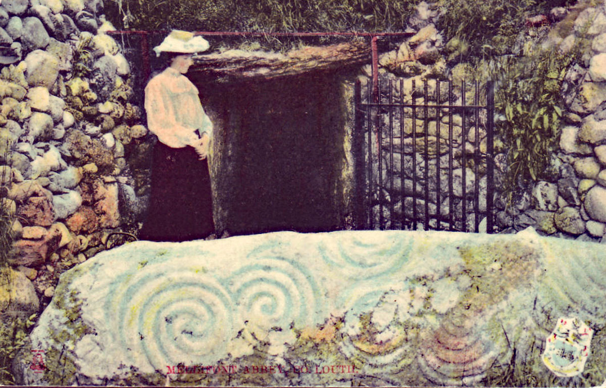 A postcard of Mrs. Anne Hickey at the entrance to Newgrange dating from 1910.