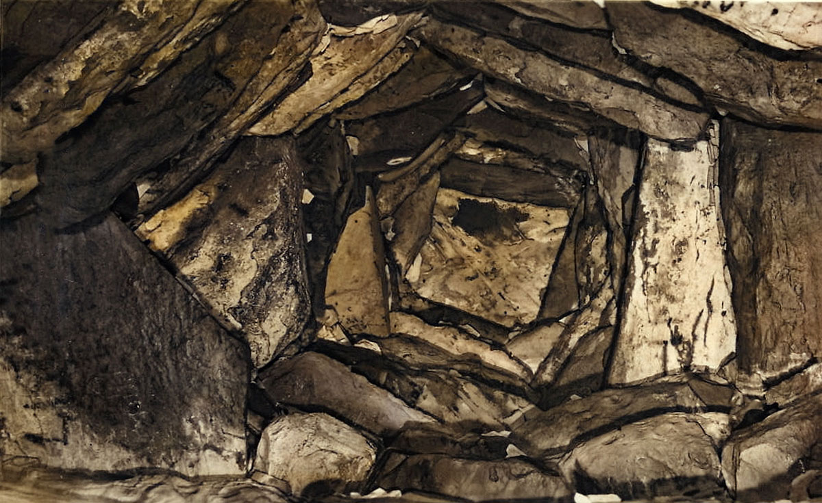 An early photograph of the corbeled roof at Newgrange.