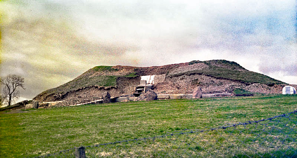 An aerial image of Newgrange during excavations. Photograph by Leo Swan.