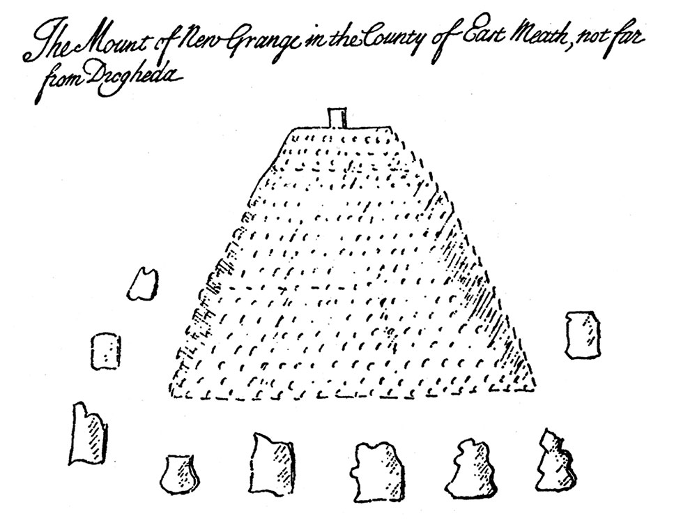 The first drawing of Newgrange by Edward Lhuyd, 1699, showing the mound to be a huge truncated cone of stone with a standing stone at the summit.