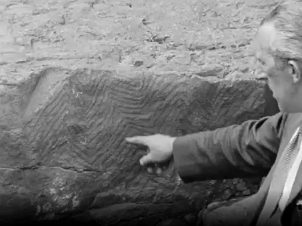 Michael O'Kelly pointing out a carving on a kerbstone at Newgrange.