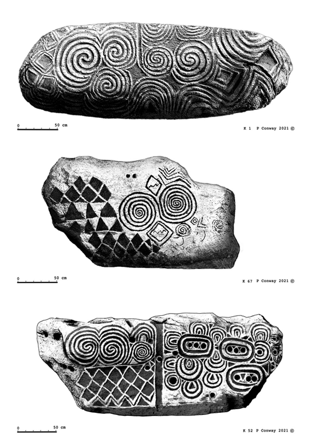 Illustrations of the three lavishly decorated kerbstones at Newgrange drawn by Padraig Conway.