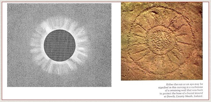 A Stone Of The Seven Suns Petroglyph At Dowth Ireland Compared To A Victorian Astronomer's Drawing Of A Total Eclipse Of The Sun.