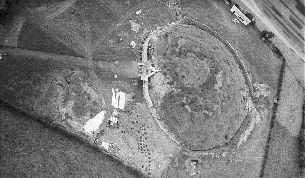 An aerial image of Newgrange during excavations. Photograph by Leo Swan.