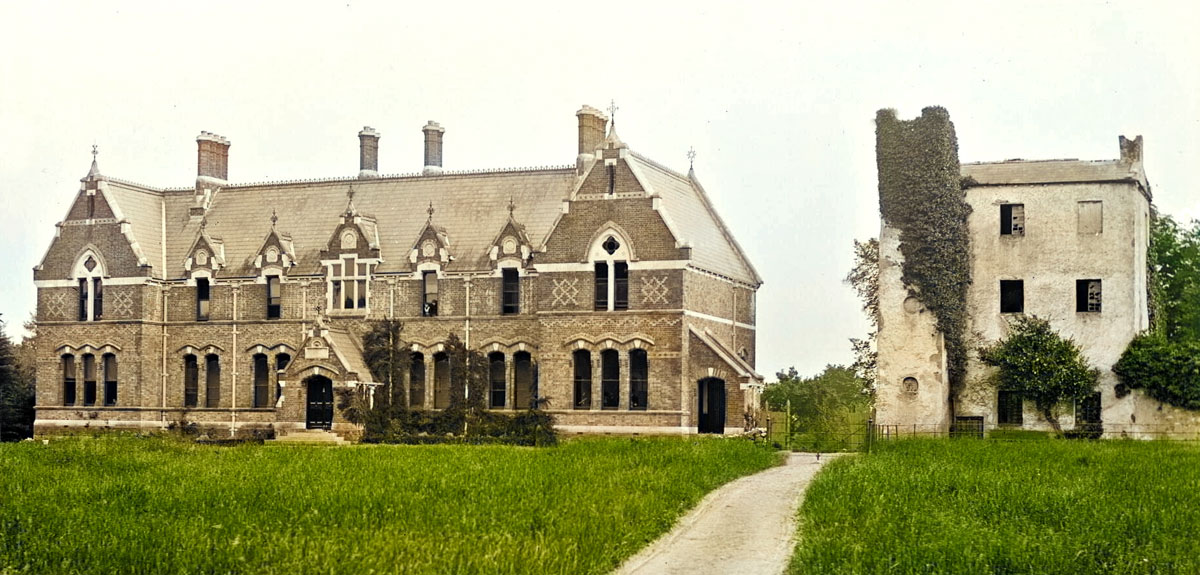 Looking south east from the north side of Dowth mound, to Dowth castle and the Netterville institute.