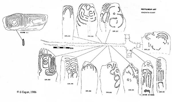 A plan of the east passage and chamber showing the location of rectangular engravings, from Knowth, the book of the excavation, by George Eogan.