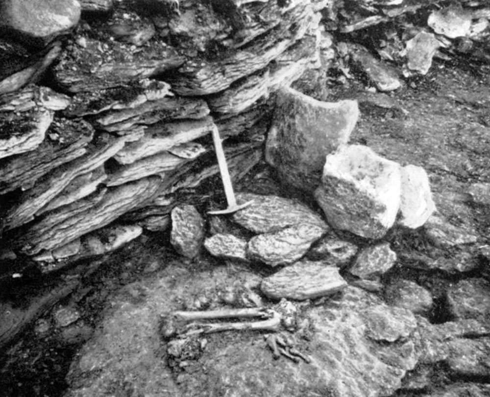 Grave 1 which proved to have been inserted into Poulawack Cairn some 1,000 years after the monument had been built.