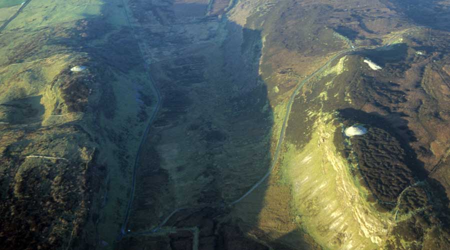 An aerial view of the valley between Cairn B and Cairns E and F.