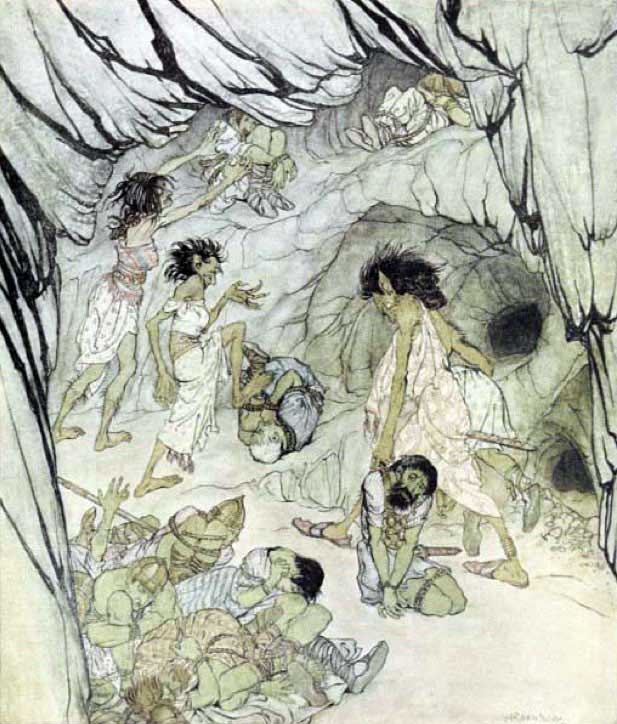 Arthur Rackham's illustration of the Hags of Kesh Corran and the Fianna.