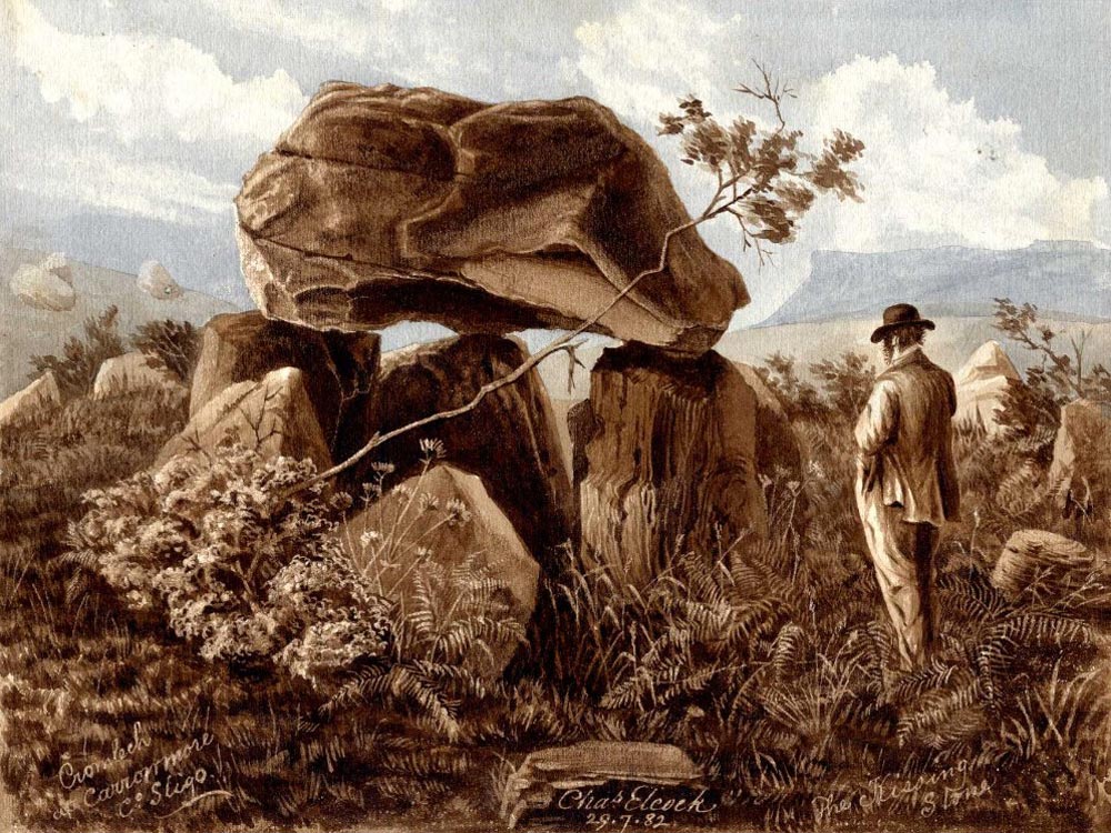 A watercolor of the Kissing Stone by Charles Elcock.