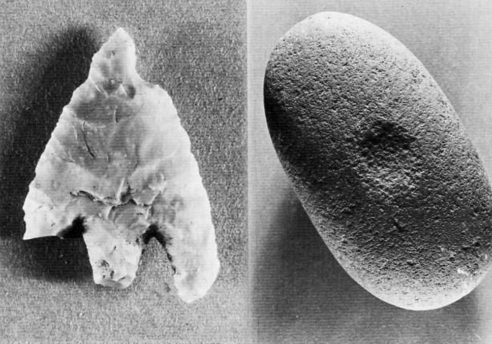 Arrowhead and pounding stone discovered in Carrowmore 7 during excavations.