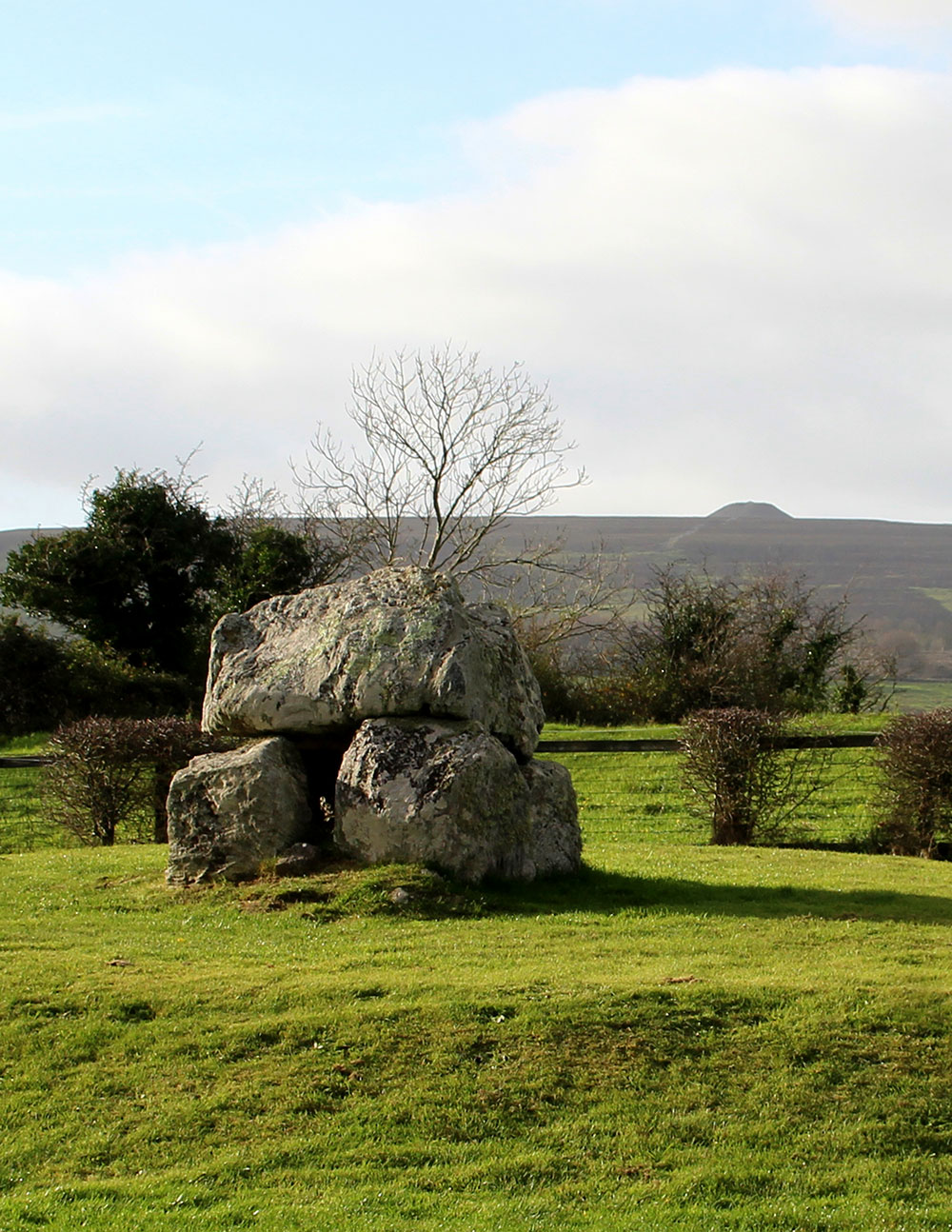 View to Queen Maeve's Cairn from Dolmen 4 at Carrowmore.