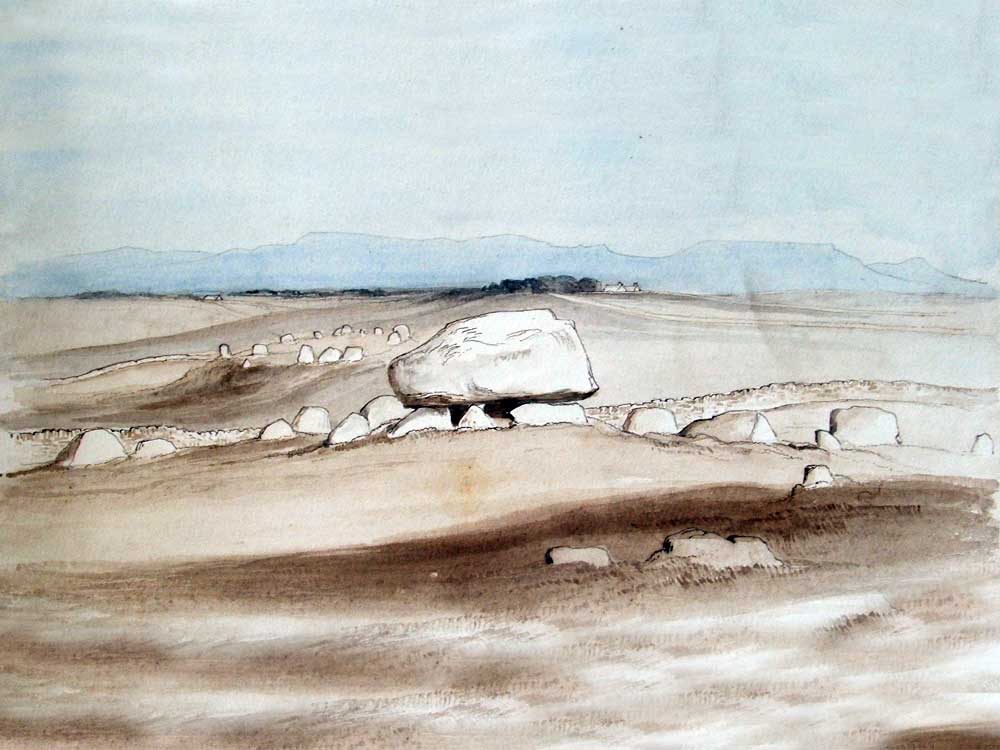 Dolmen  37 at Carrowmore with  Circle 32 beyond, by William Wakeman.