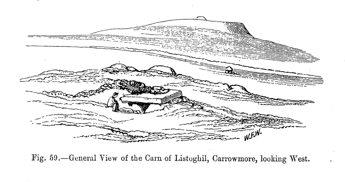 The view from the central monument at Carrowmore looking up to the great cairn on Knocknaea by William Wakeman about 1880.