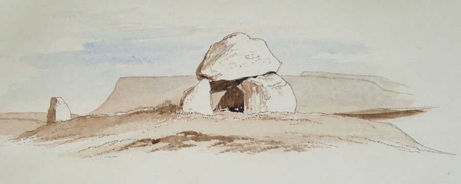 A beautiful watercolour of the  dolmen at Site  4 in Carrowmore by William Wakeman from 1879.
