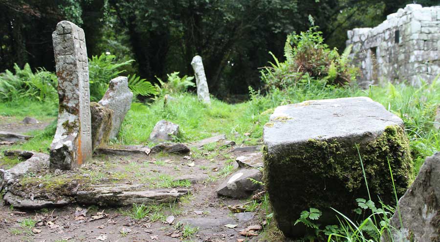 The carved pillar-stone in the ancient graveyard on Inchagoill Island