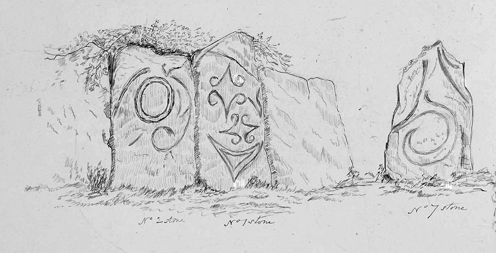A sketch of the decorated stones at Cloverhill by Margaret Stokes.