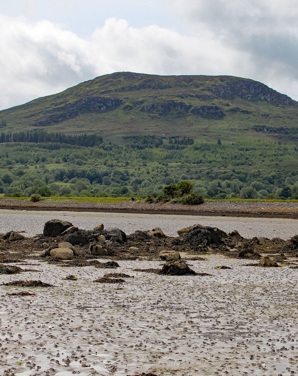 Eochy's Grave, the ruined passage-grave on the strand at Tanrego in County Sligo, looking south to the cairn on the summit of Doomore.