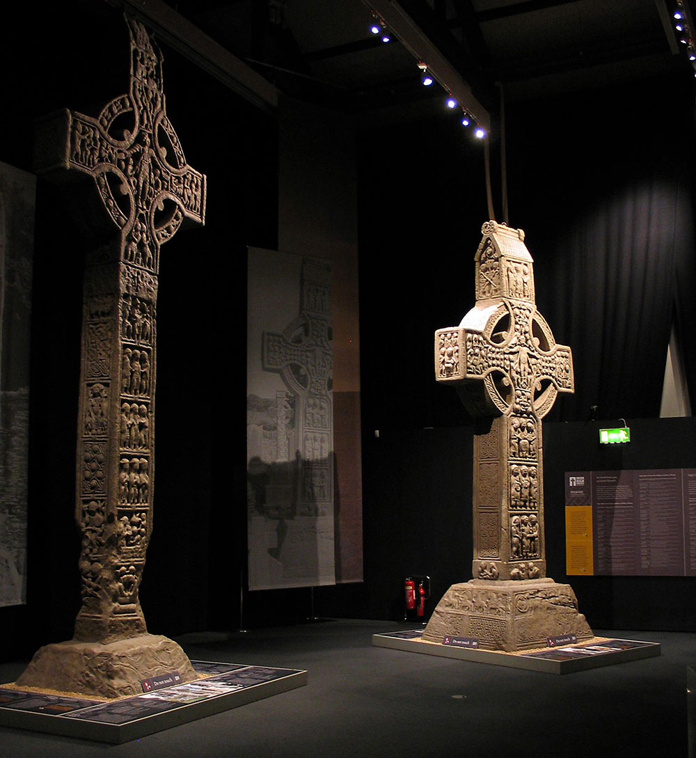 An exhibit of plaster-cast replicas of Irish high crosses, Collin's Barracks.