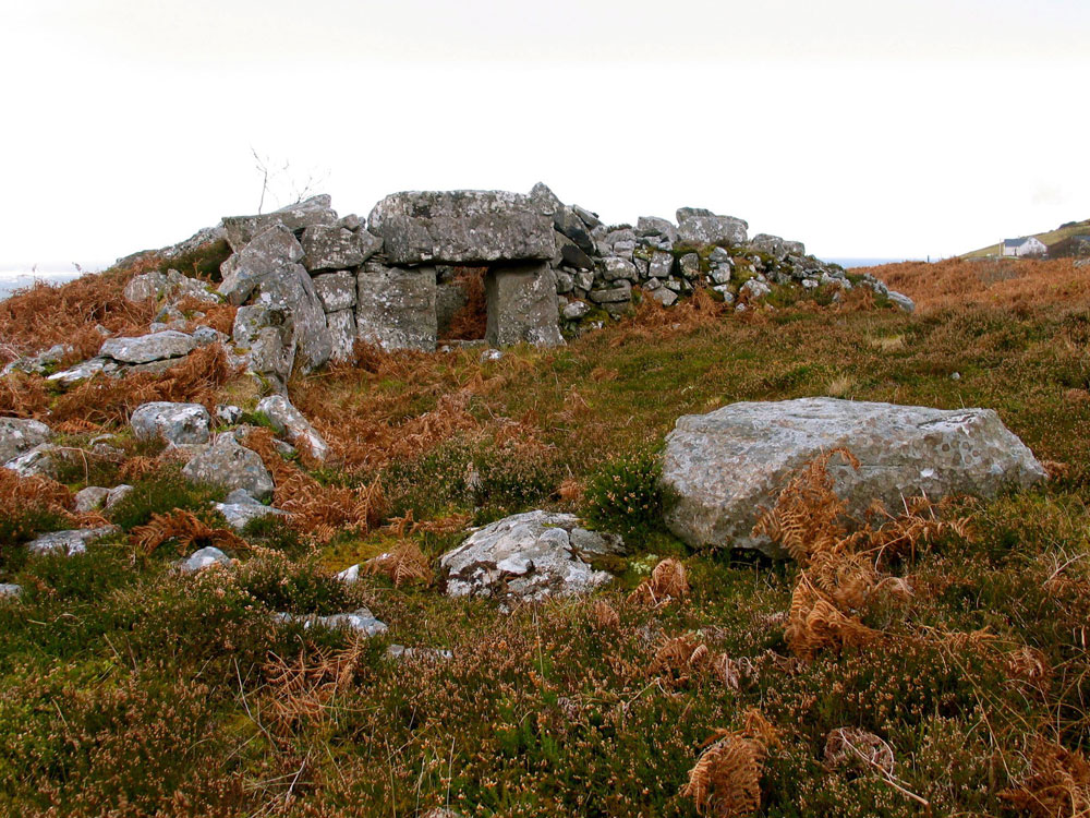 Croaghbeg, a very fine example of a neolithic court tomb showng the door jambs flanking the entry portal.