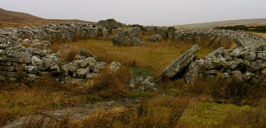 The massive central court cairn at Farranmacbride in Glencolumbkille.