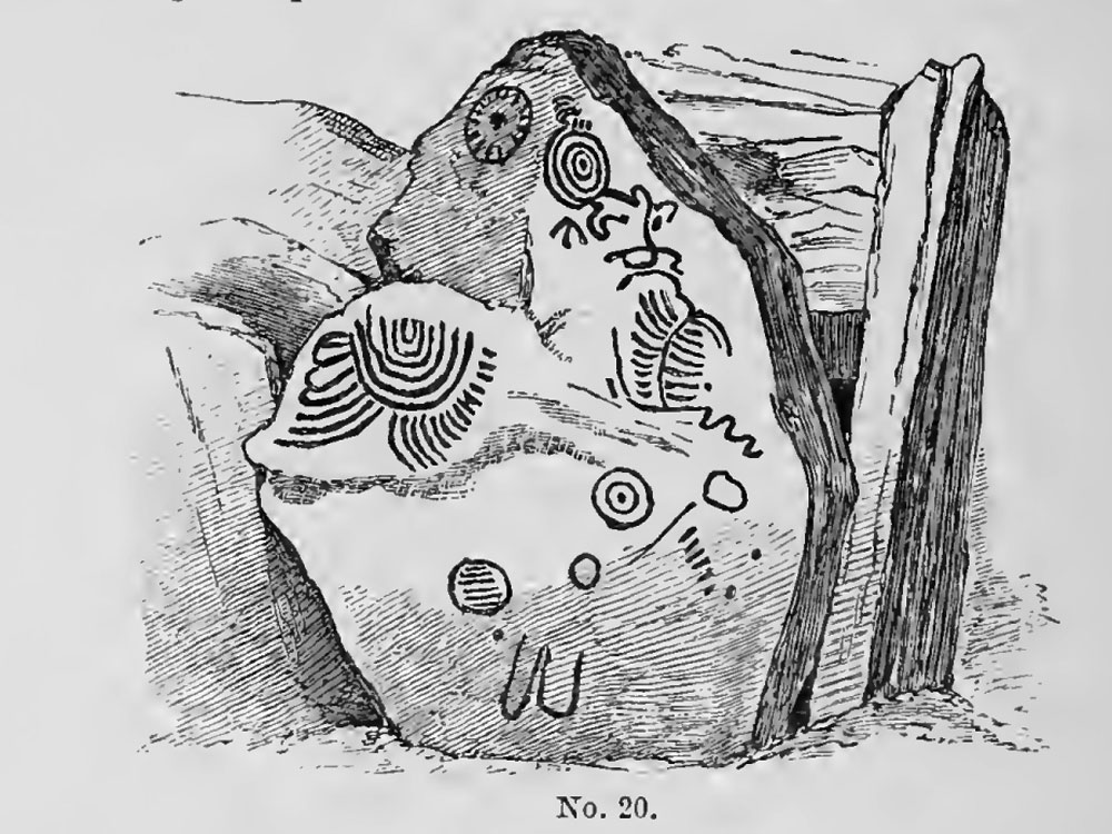 An engraved chamber-stone in Cairn T at Loughcrew. Illustration by George Du Noyer.