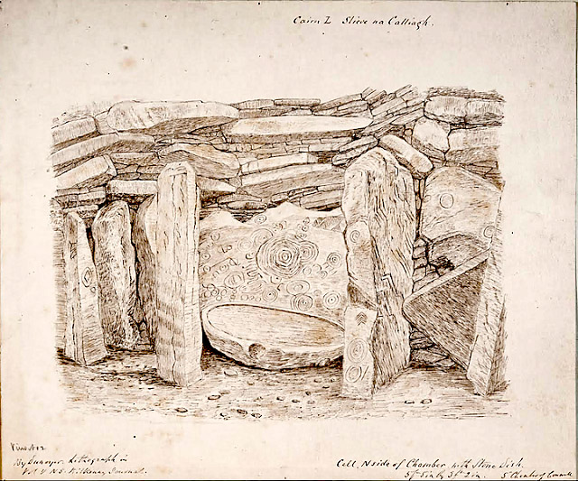 The large and elaborately carved panel of neolithic art within the large right-hand recess of Cairn L. The watercolour was painted by geologist Victor DuNoyer around 1866. The illustration shows the Whispering Stone, a tall, free-standing limestone pillar, which guards the entrence to the recess.