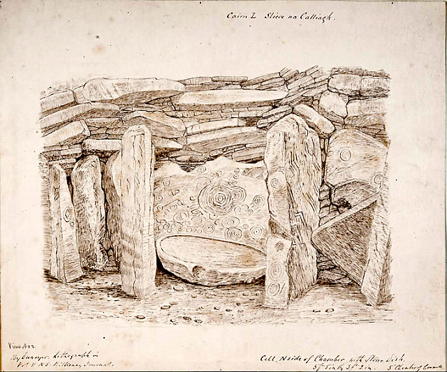 The large and elaborately carved panel of neolithic art within the large right-hand recess of Cairn L. The watercolour was painted by geologist Victor DuNoyer around 1866. The illustration shows the Whispering Stone, a tall, free-standing limestone pillar, which guards the entrance to the recess.