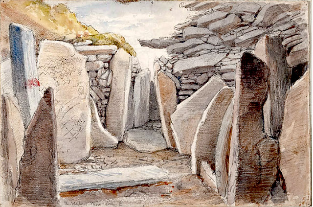 An amazing watercolour of the interior of Cairn L, showing the collapsed roof, by George Victor DuNoyer.